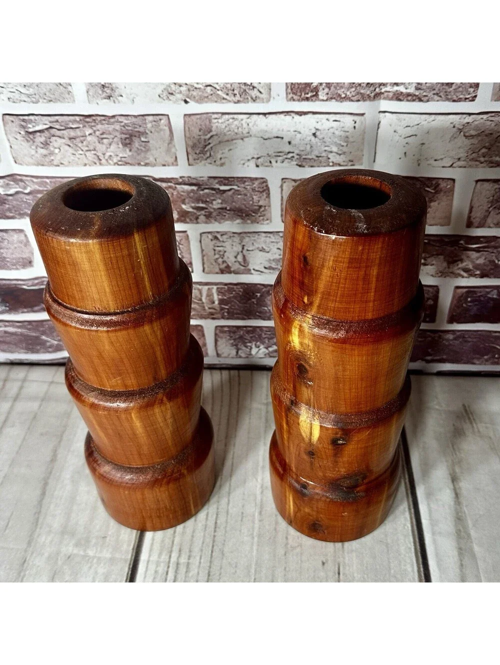 Hand Carved Cedar Wood 11” Candle Stands Set ~ Country Rustic Decor Unique Style